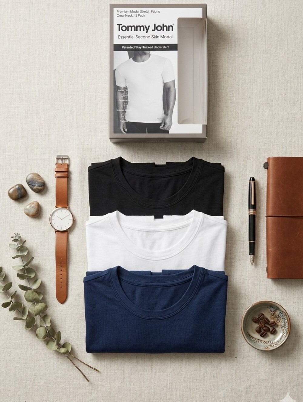 Tommy John Crew Neck T-Shirt 3-Pack — Black, White, Navy